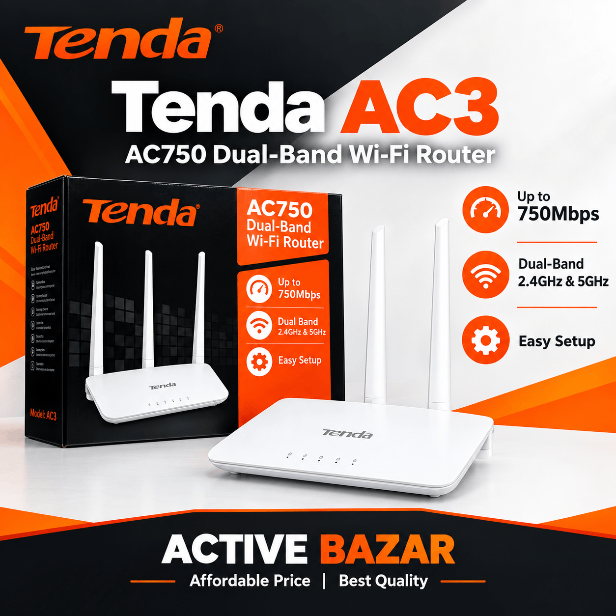 Tenda AC3 AC750 Dual-Band Wi-Fi Router – 750Mbps Wireless Router